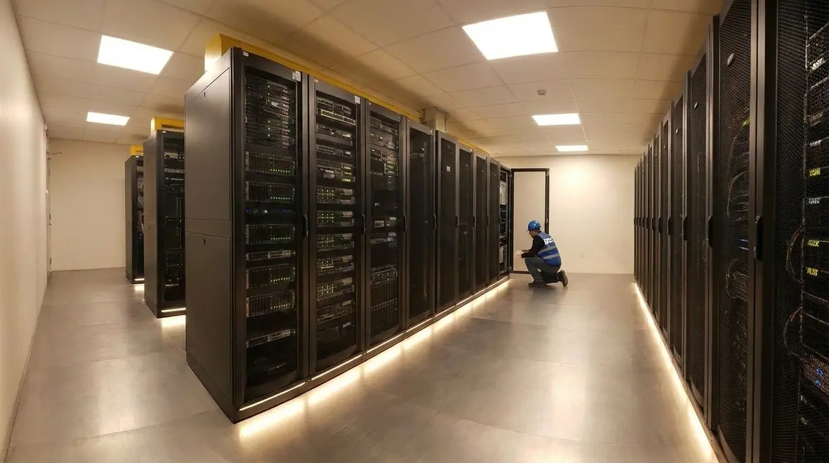 Data hall with balanced task lighting around server racks