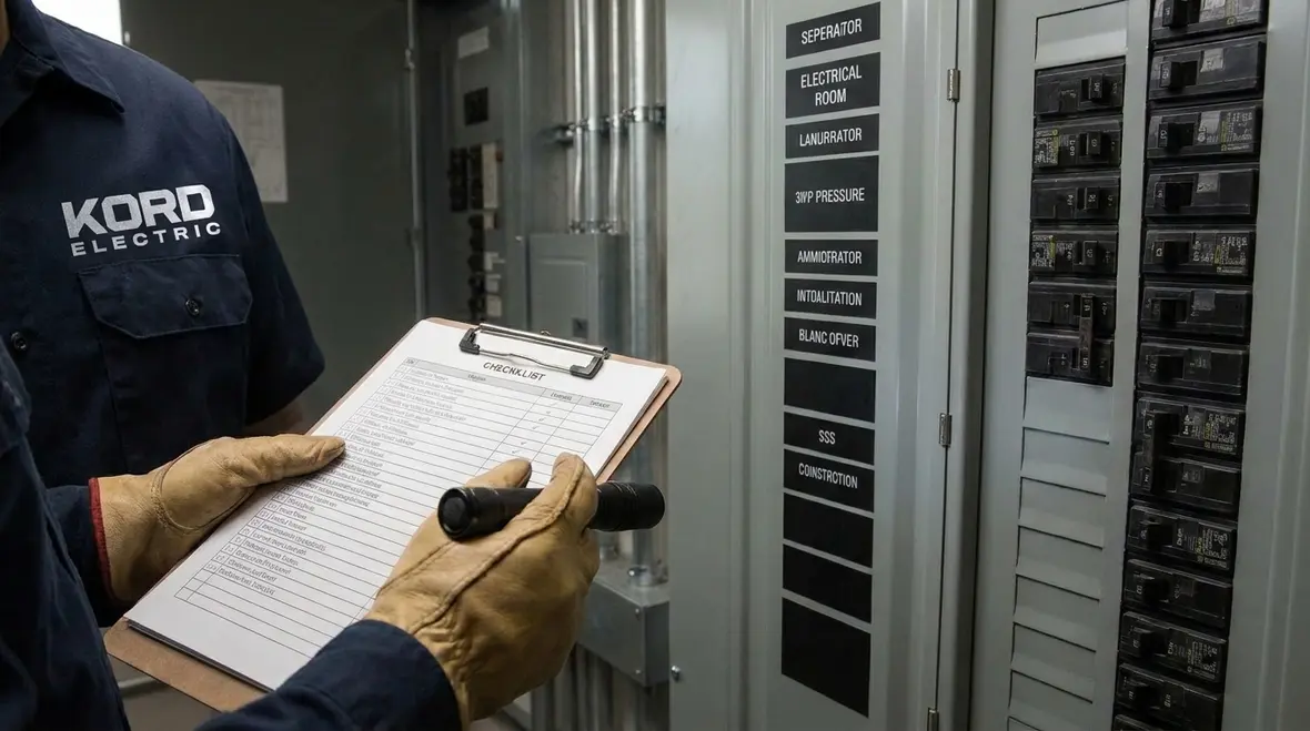 Technician inspecting data center lighting for server maintenance and electrical safety