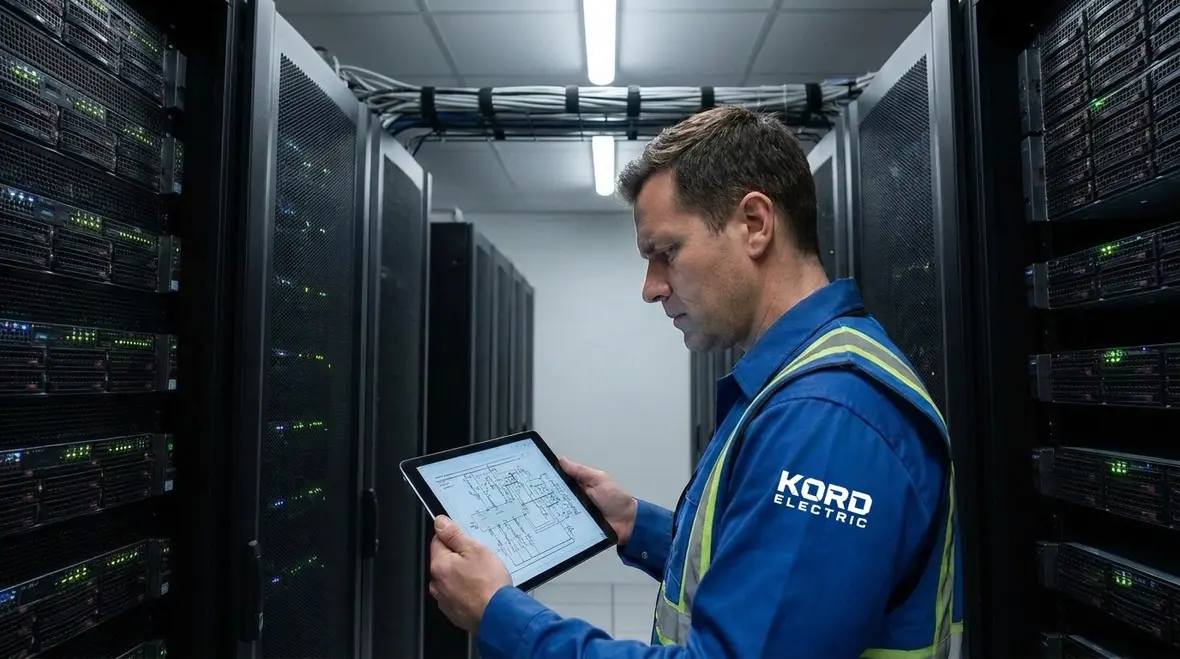 Engineered data center electrical design layout with power distribution and redundancy