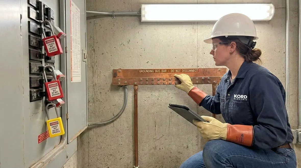 Safe data center electrical layout with grounded and labeled equipment
