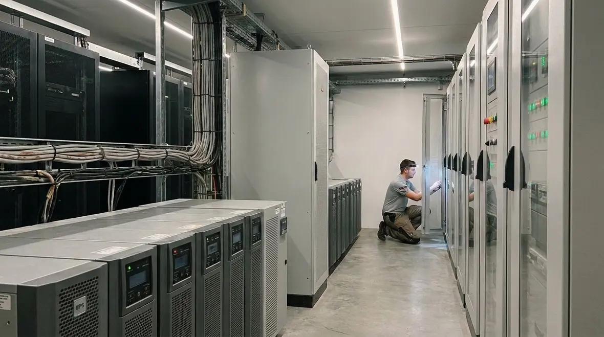 Engineers reviewing data center one-line diagram for reliable power distribution