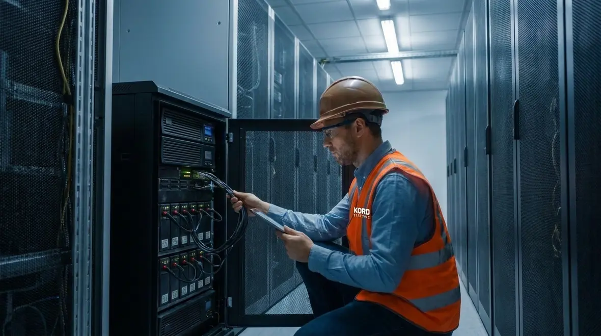 Technicians reviewing data center power uptime strategies to prevent electrical downtime