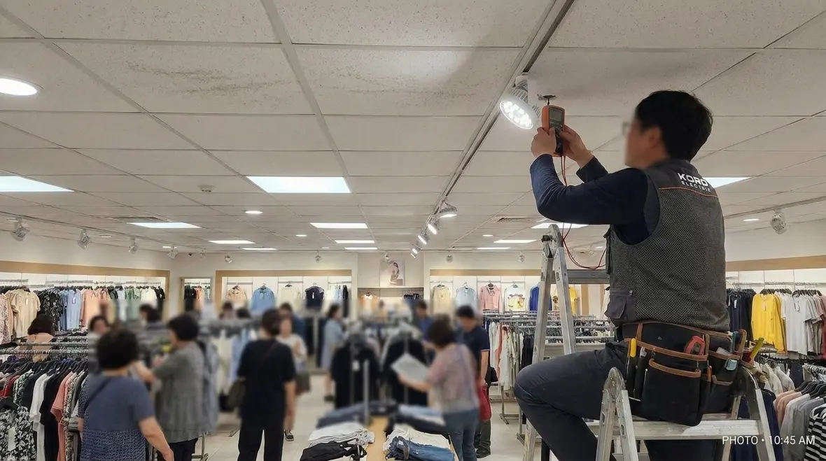 Technician performing commercial retail lighting maintenance inspection