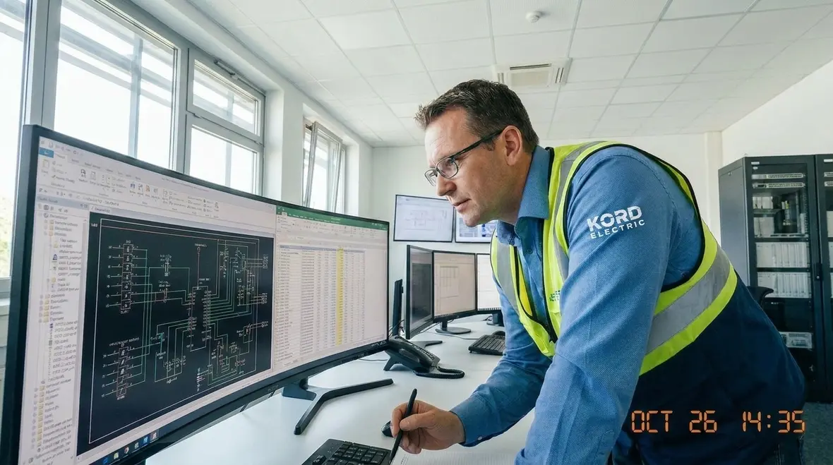 Engineers reviewing data-driven electrical design models for a commercial facility