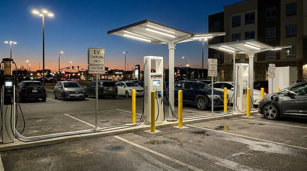 Delta 100kW EV charger installation footprint and power cabinet at a commercial site