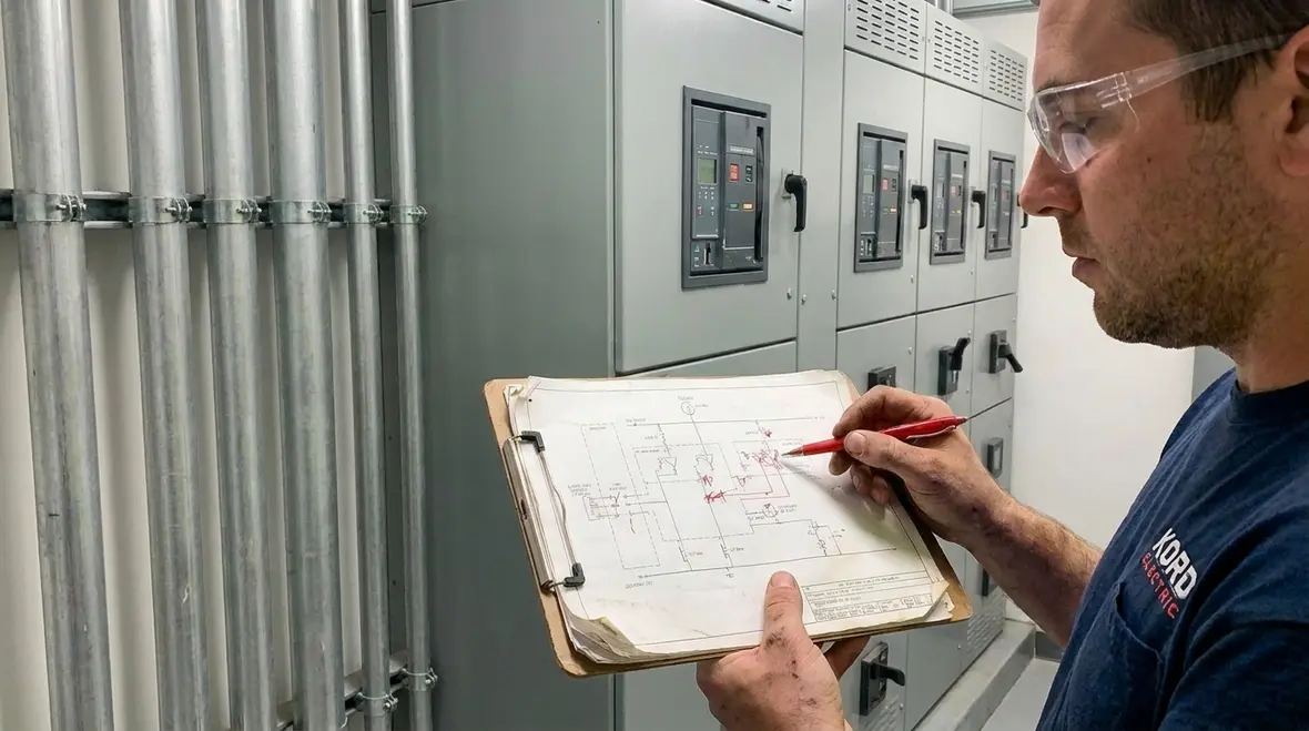 Technician reviewing NEC requirements for 800V DC data center power design