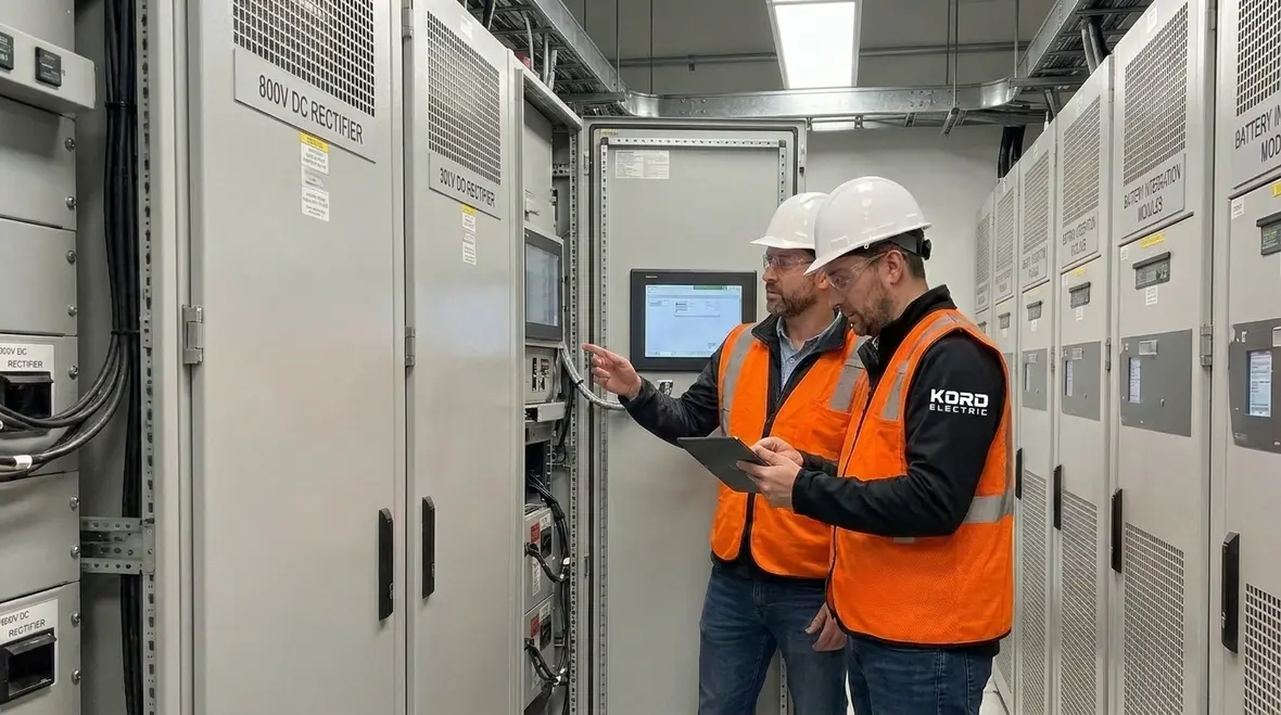 Electrical engineer reviewing 800V DC power distribution single-line diagram in a commercial data center
