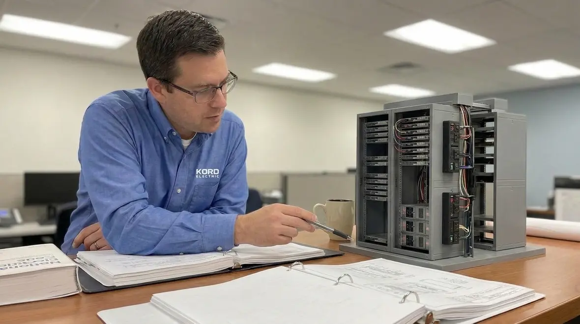 Data center electrical room with labeled DC distribution and protection equipment