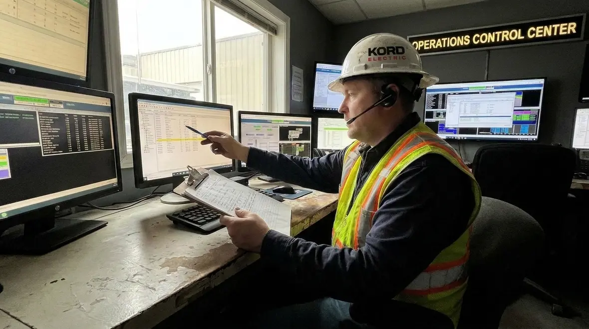 Technician troubleshooting commercial electrical service equipment