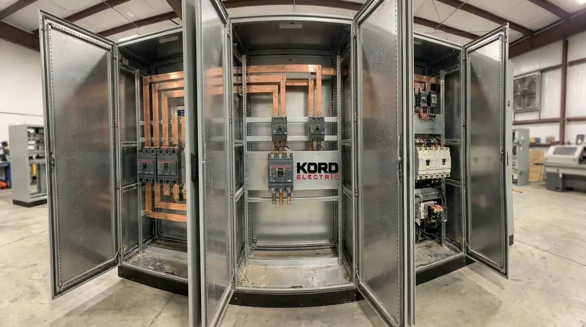 Technician performing commercial power system testing on switchgear