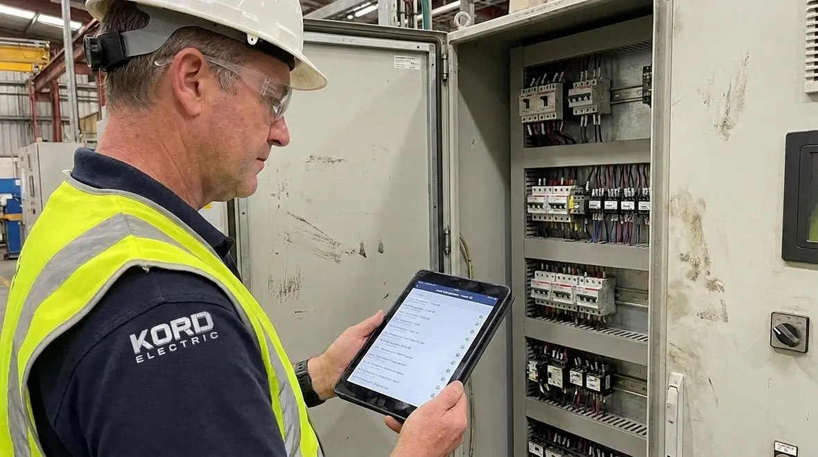 Electrician reviewing electrical asset data on site