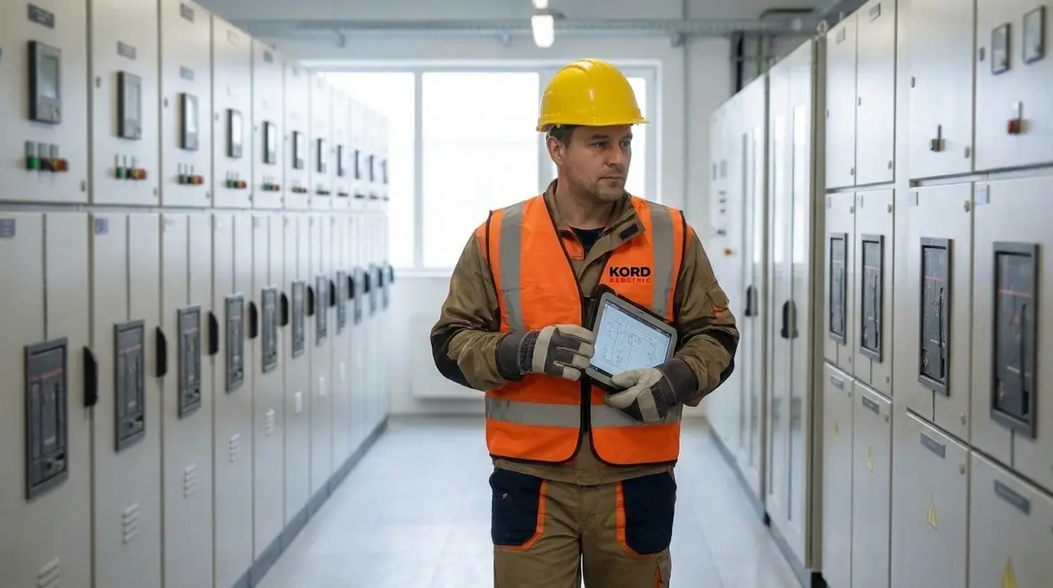 Technician reviewing electrical asset records for industrial facility uptime