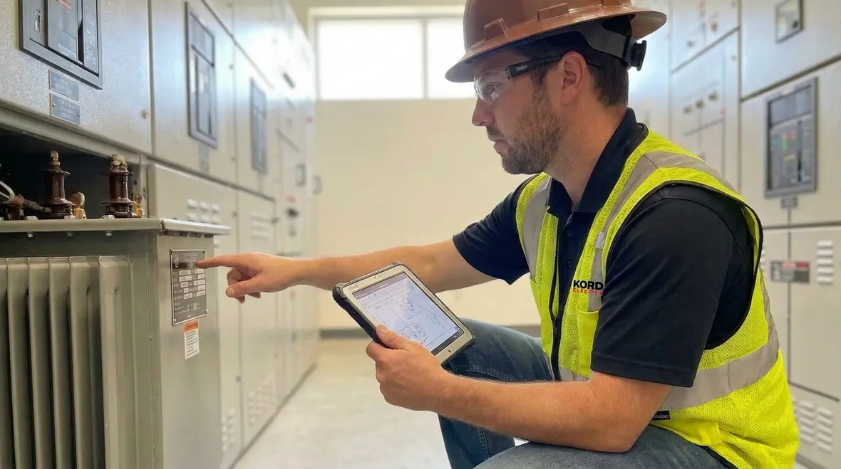 Technicians performing electrical asset management support for commercial facilities