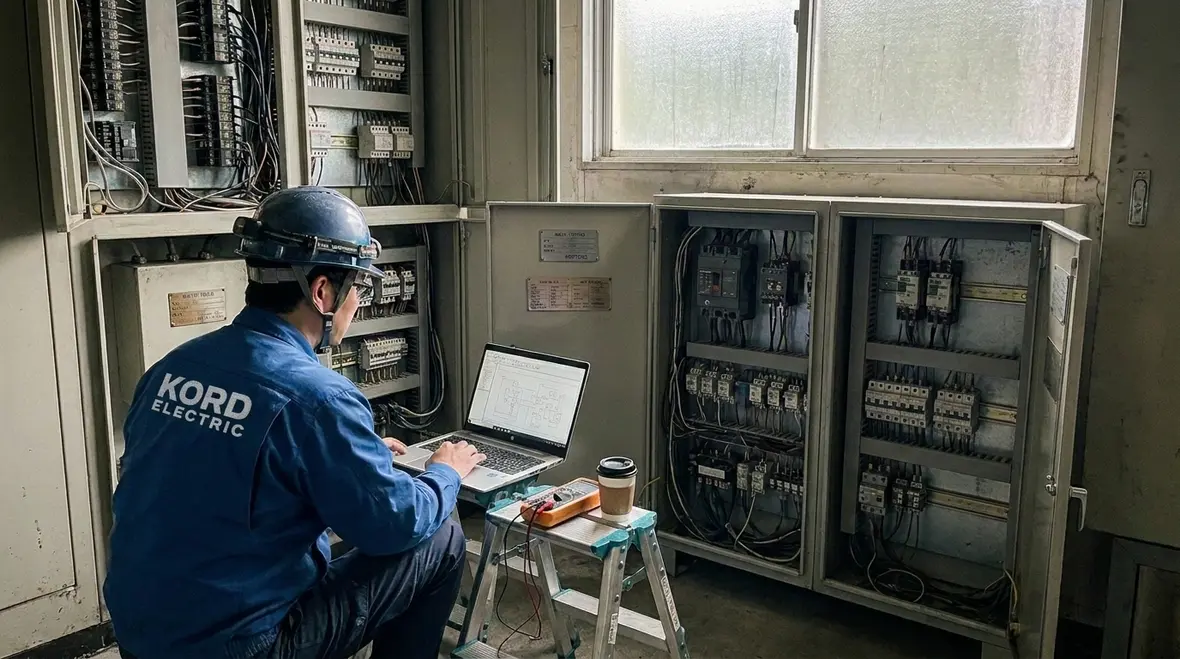 Technician reviewing electrical asset data quality for commercial maintenance planning