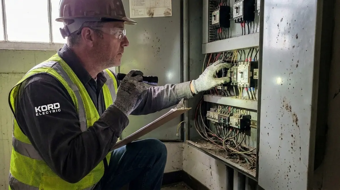 Inspector reviewing electrical safety documentation in an industrial facility