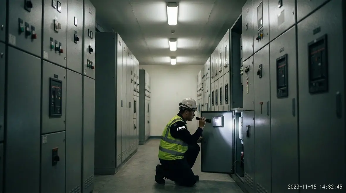 Technician performing electrical asset inspection in a commercial facility