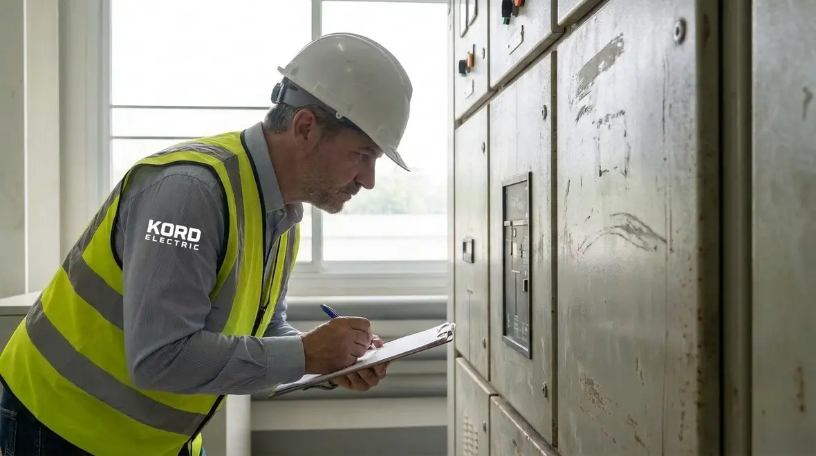 Technicians performing an electrical asset site analysis in a commercial facility