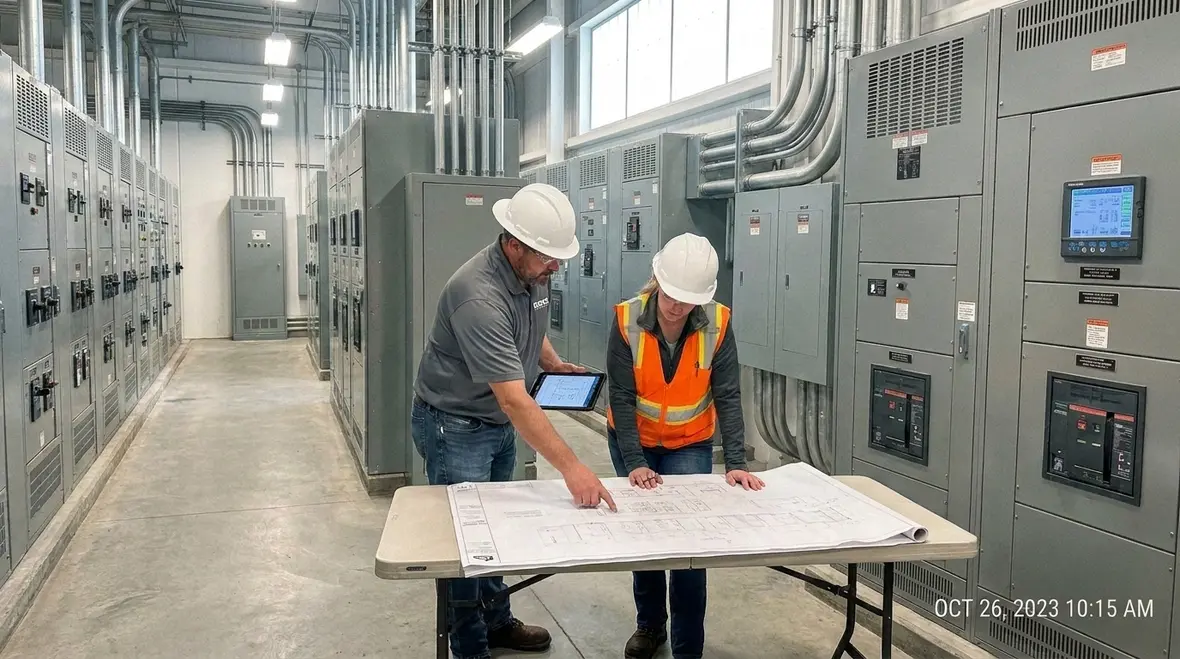 Technicians planning electrical building integration for a commercial facility