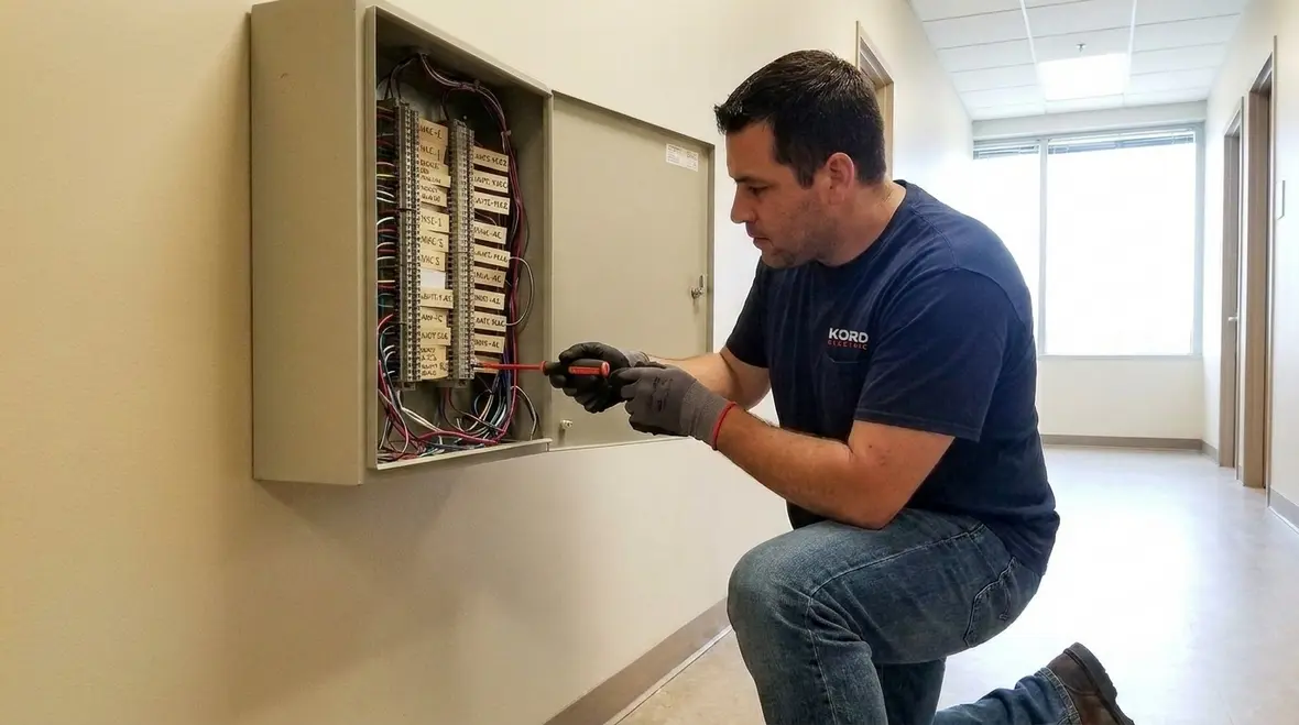 Kord Electric technicians commissioning integrated electrical systems in a major property building