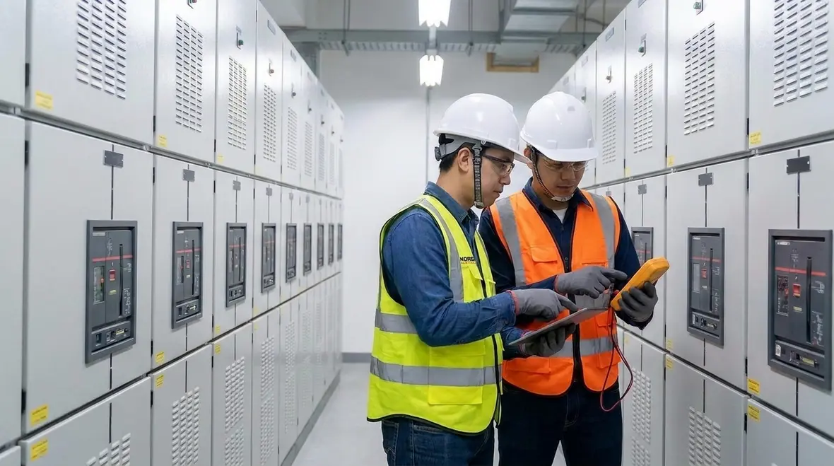 Technicians performing electrical building maintenance and preventive maintenance programs on commercial switchgear