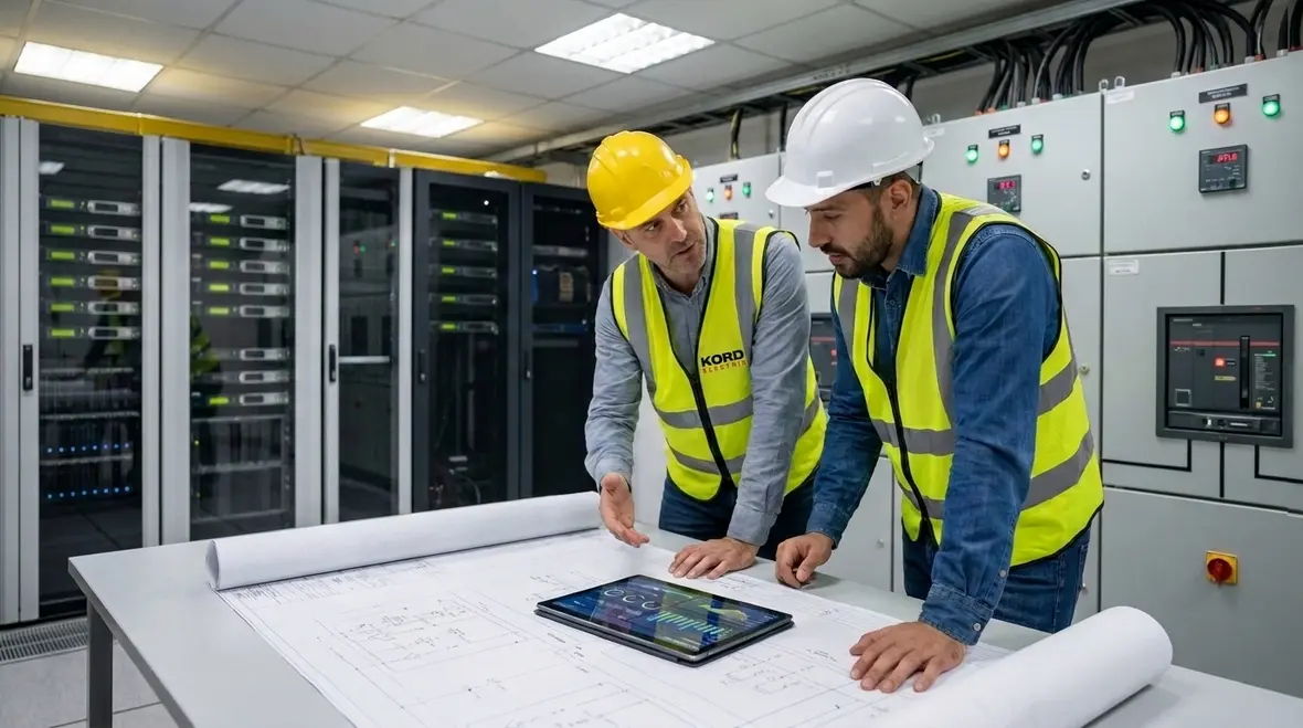 Technicians reviewing data center electrical design for power distribution and redundancy