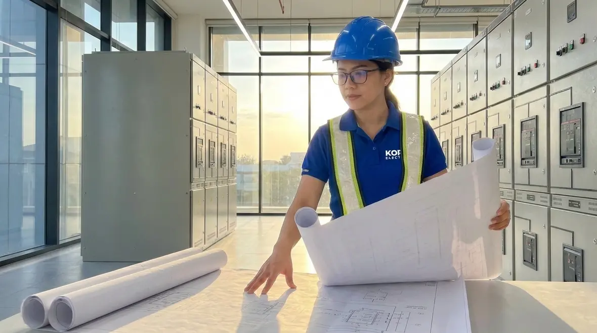 Technicians planning electrical distribution for a commercial building