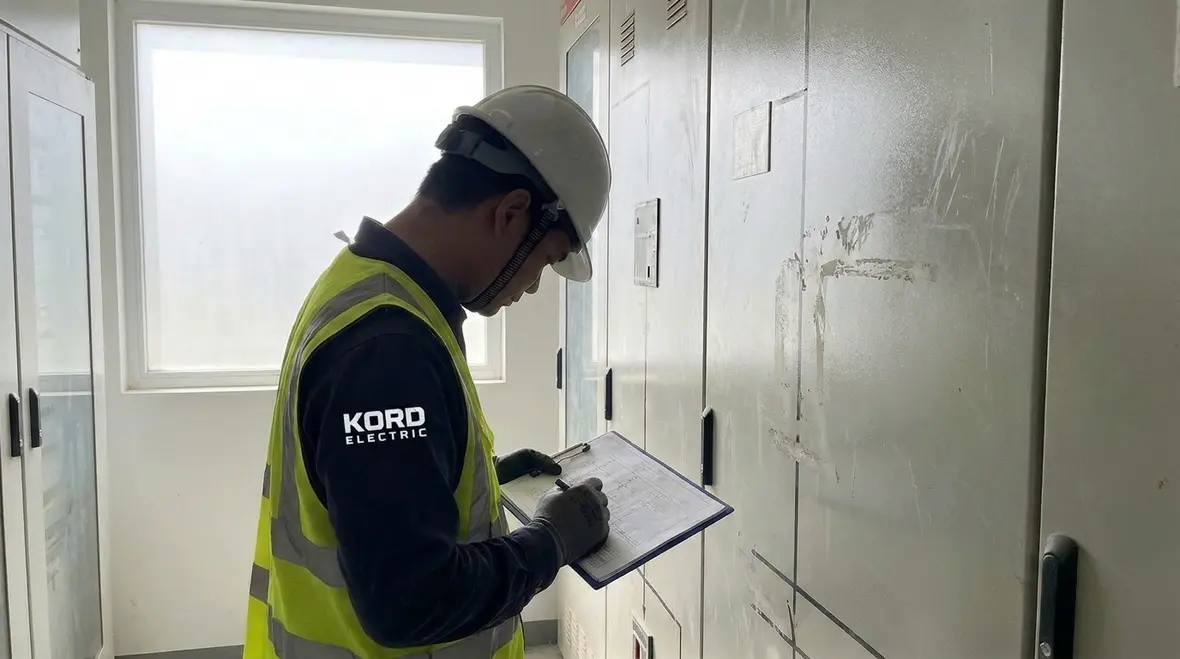 Electrical technicians performing downtime prevention checks in a commercial electrical room