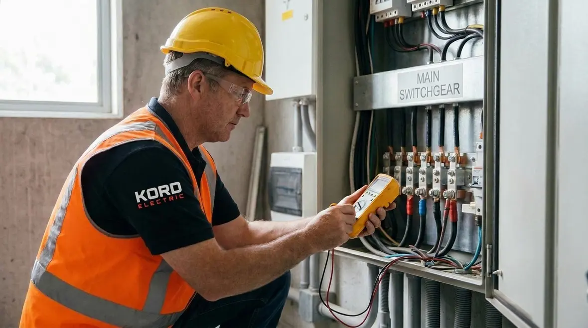 Technician performing an electrical equipment audit in a commercial facility