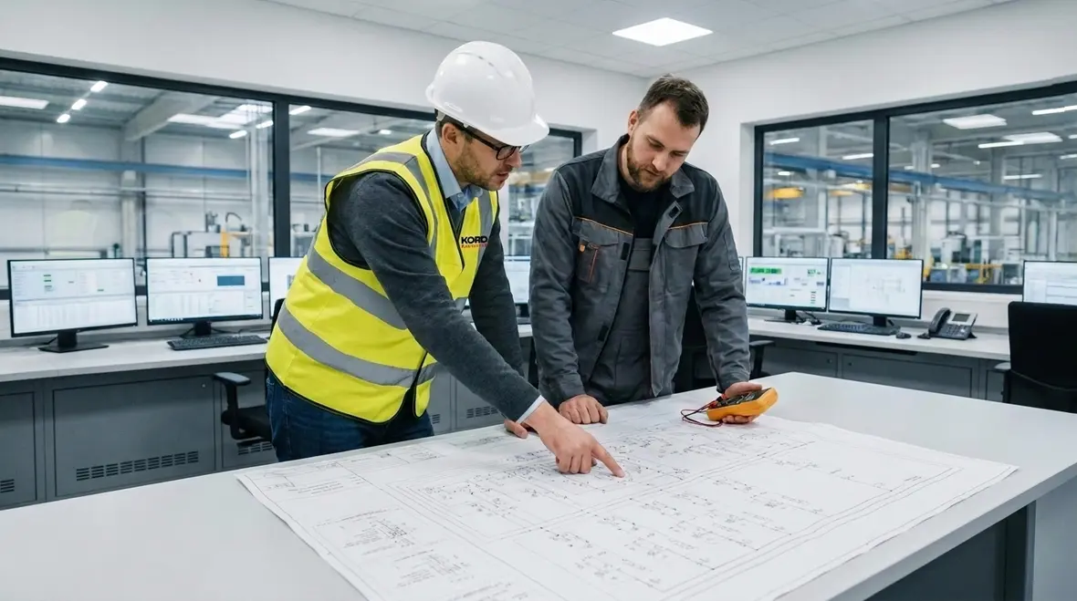 Electrical equipment design-build team reviewing commercial and industrial facility plans