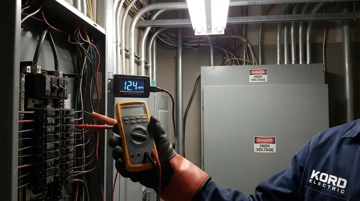 Technicians reviewing electrical load balancing data for a commercial building