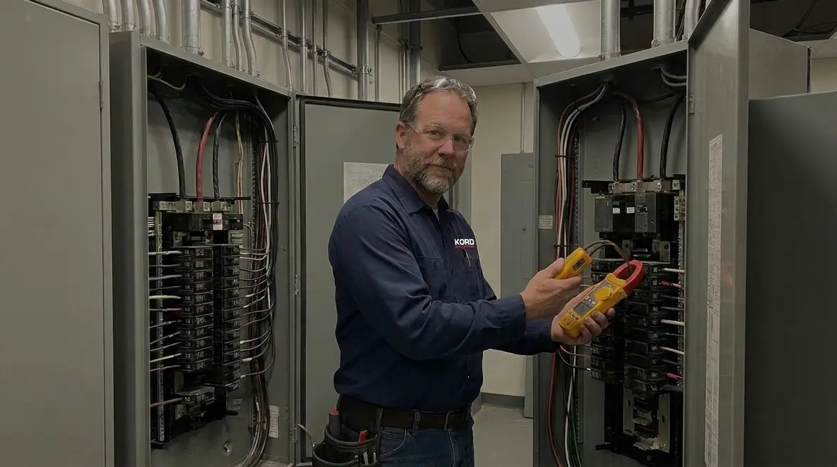 Technician performing electrical load compliance testing in a commercial building