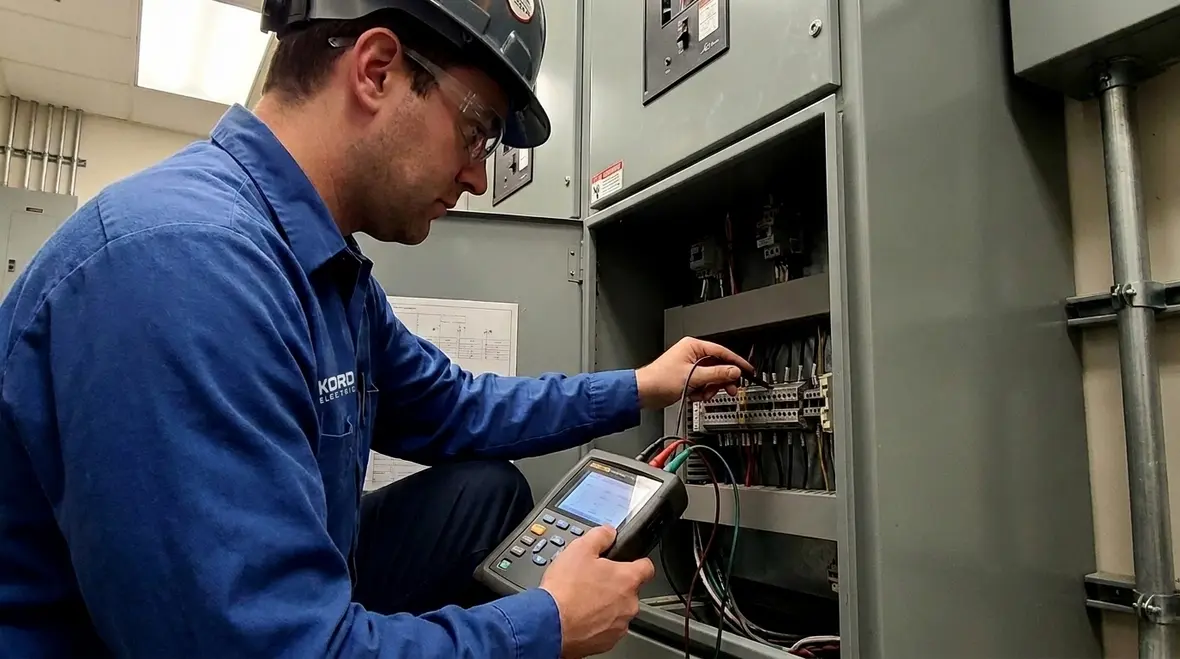 Technician performing electrical power quality testing in a commercial facility
