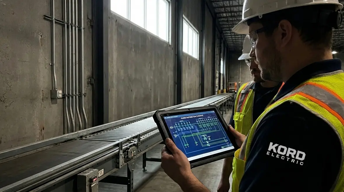Technicians reviewing electrical supply planning tools for construction and distribution projects