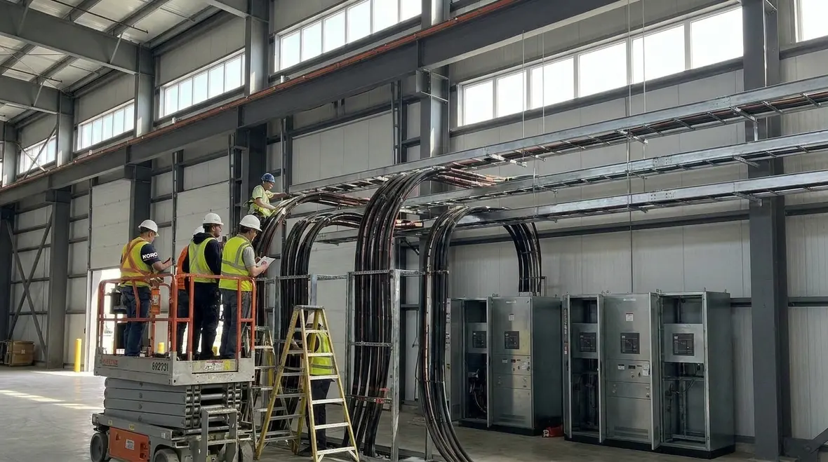Commercial electrical room with organized panels and conduits