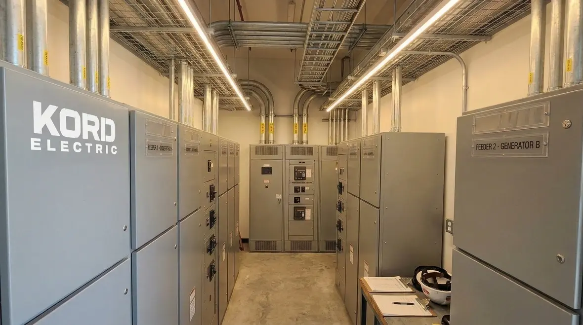 Technicians reviewing commercial building electrical system design plans