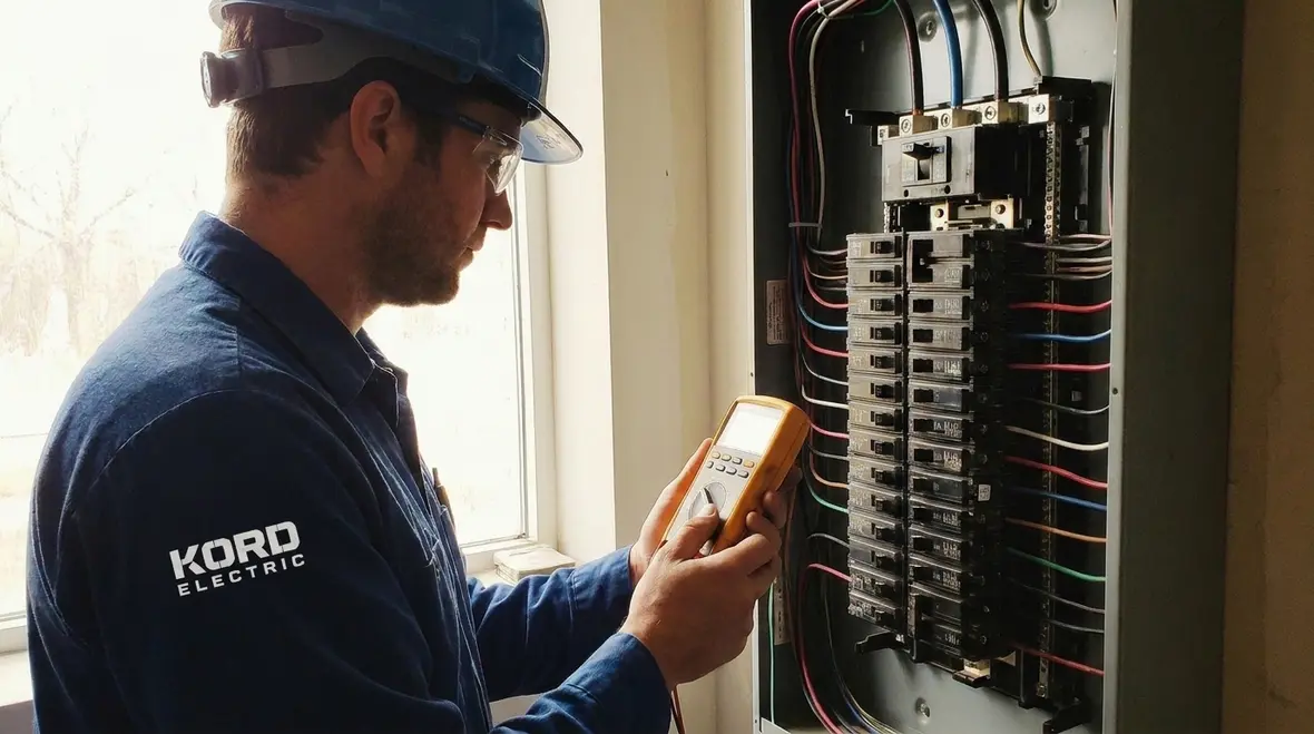 Technicians reviewing electrical systems for buildings components design and maintenance