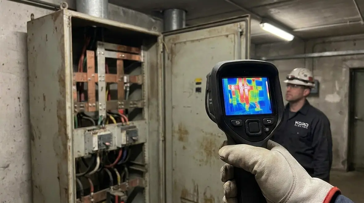 Technician implementing electrical uptime solutions for a commercial power system