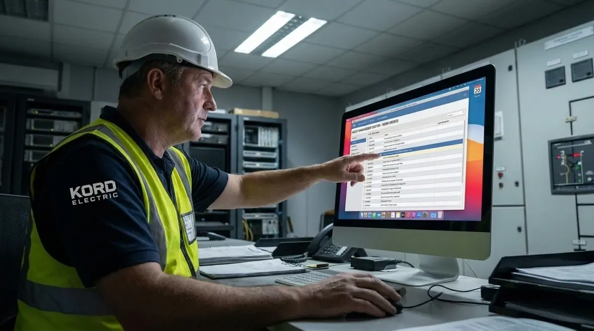 Technician reviewing commercial electrical work orders on a tablet