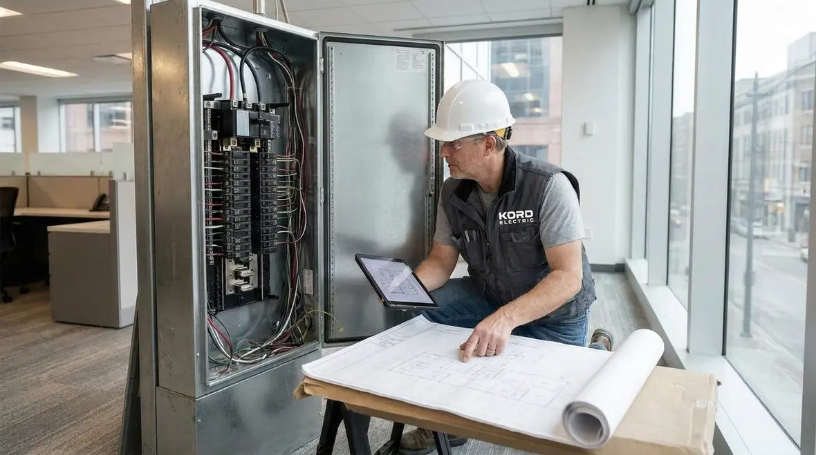 Commercial electrician reviewing building power distribution drawings