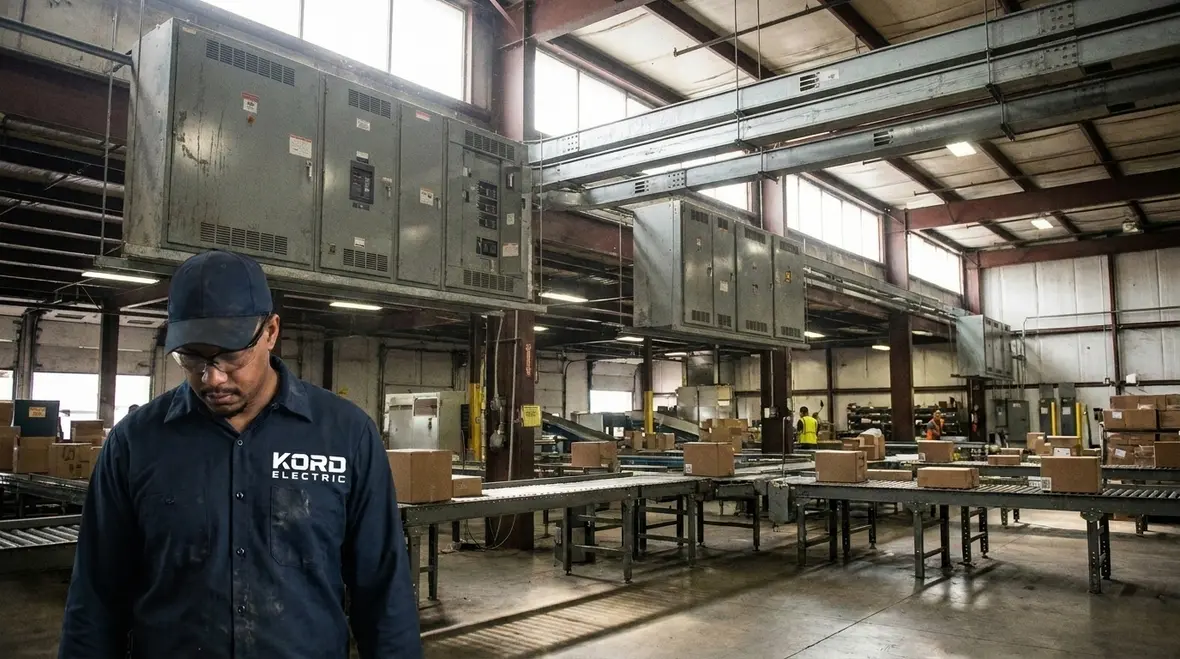 Warehouse power distribution equipment being inspected by an electrician