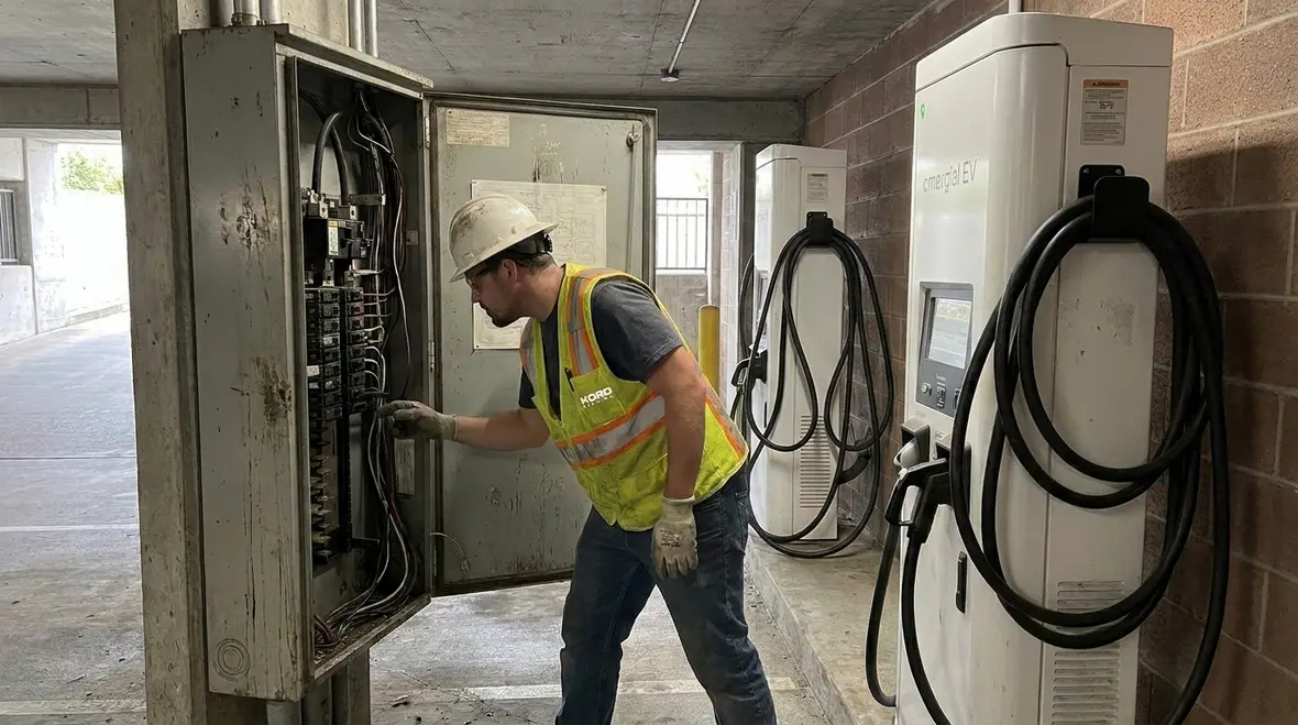 Commercial EV chargers with smart load management at a business facility
