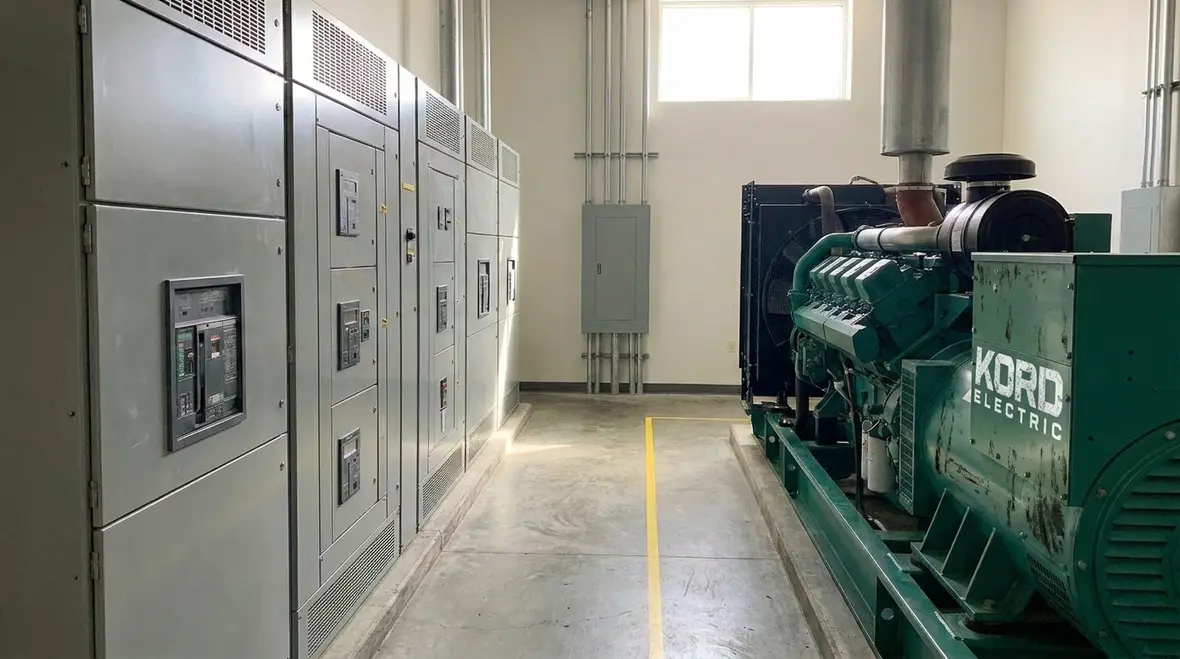 Technicians configuring emergency power distribution switchgear for a commercial facility