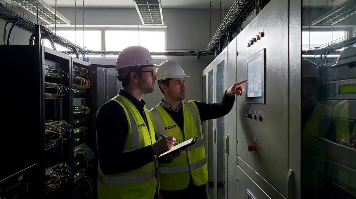 Technician performing documented emergency power system testing on a commercial generator and transfer switch