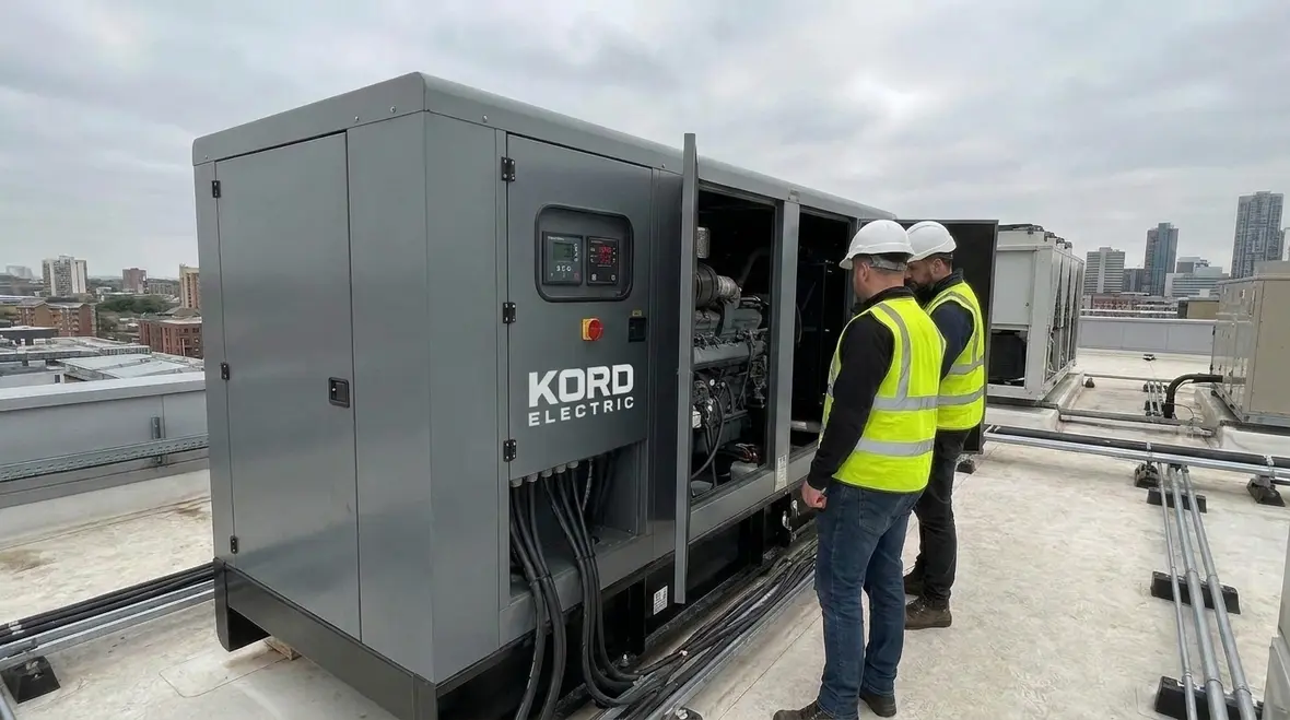 Technicians planning emergency power systems for businesses with backup generators and transfer switches