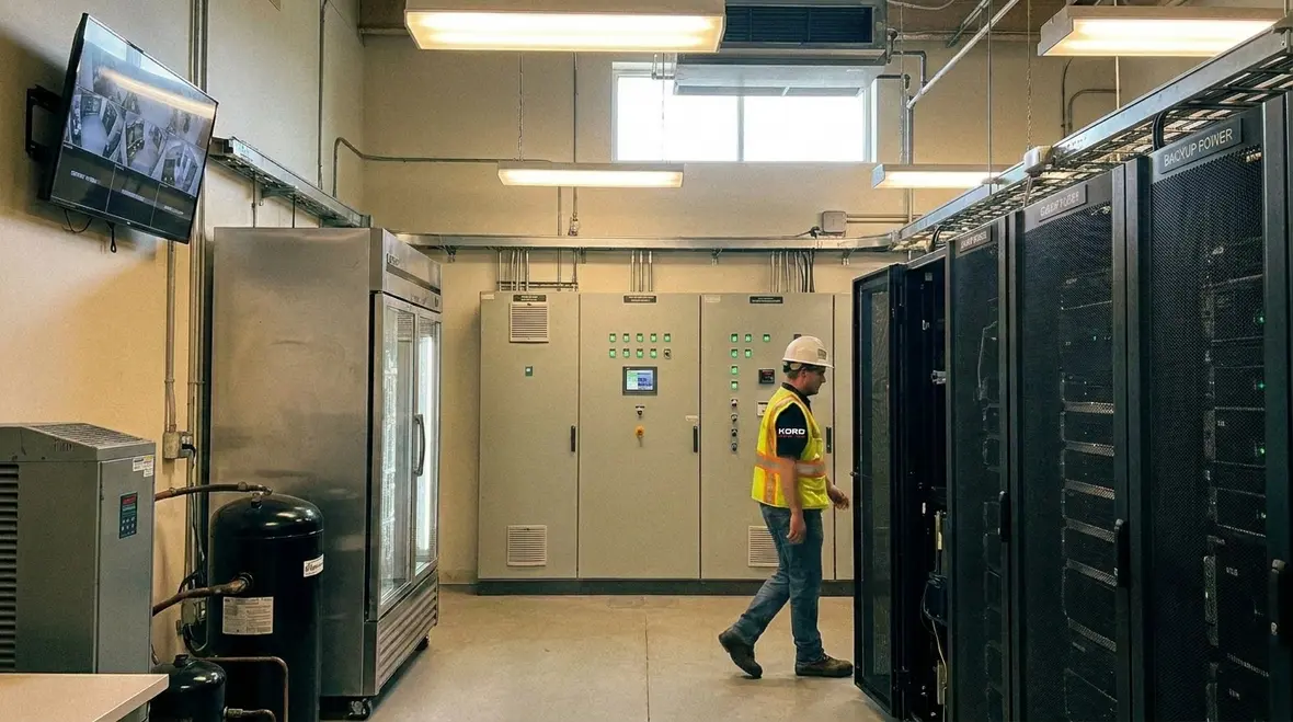 Technicians reviewing emergency power protection for commercial buildings