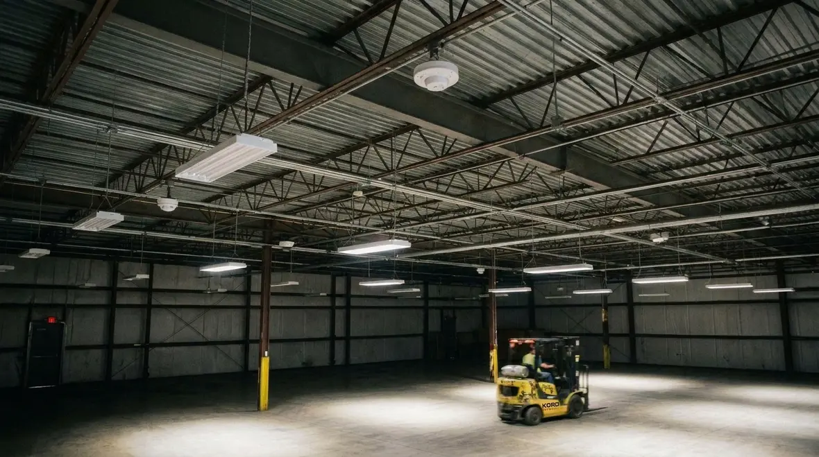 Warehouse lighting layout designed to minimize glare and shadows
