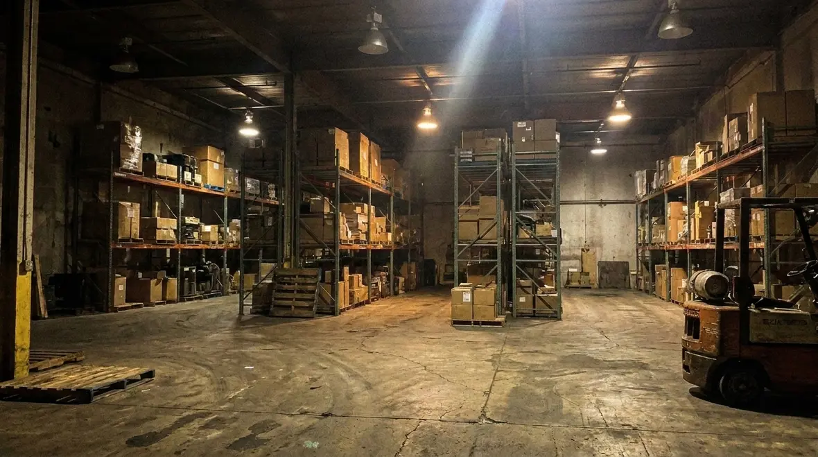 Warehouse aisles illuminated by modern LED fixtures