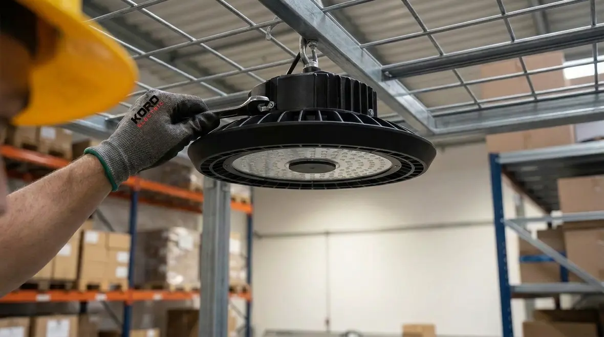 Technicians performing a lighting audit in a warehouse before LED upgrades