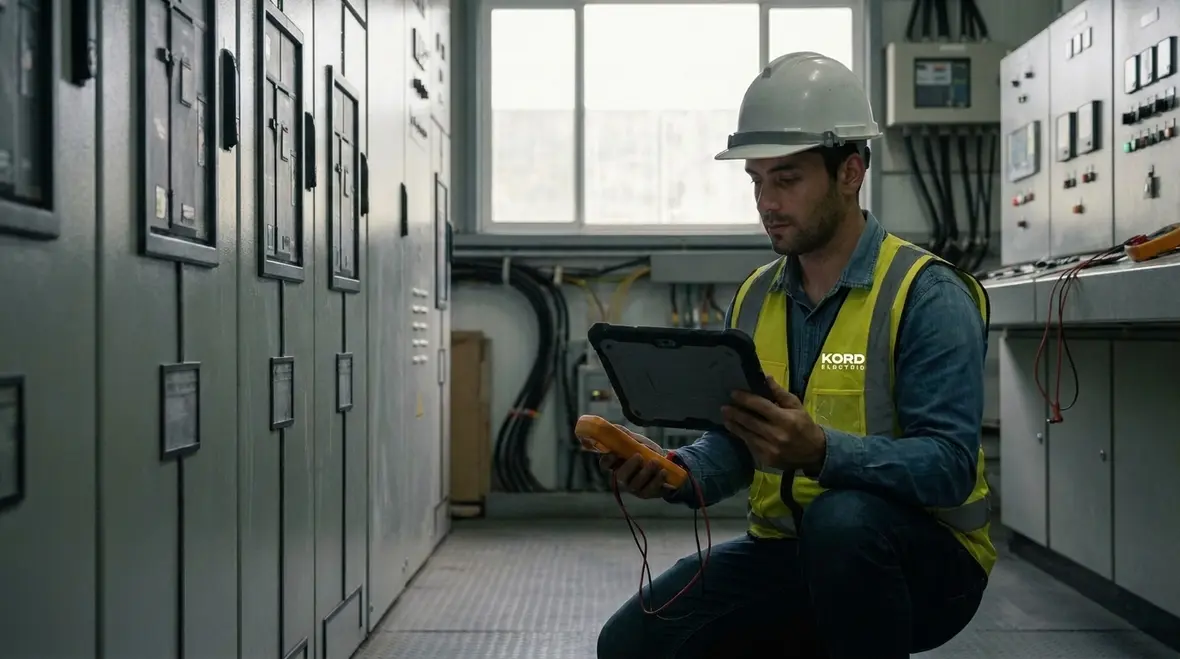 Technician performing electrical reliability testing in a commercial facility
