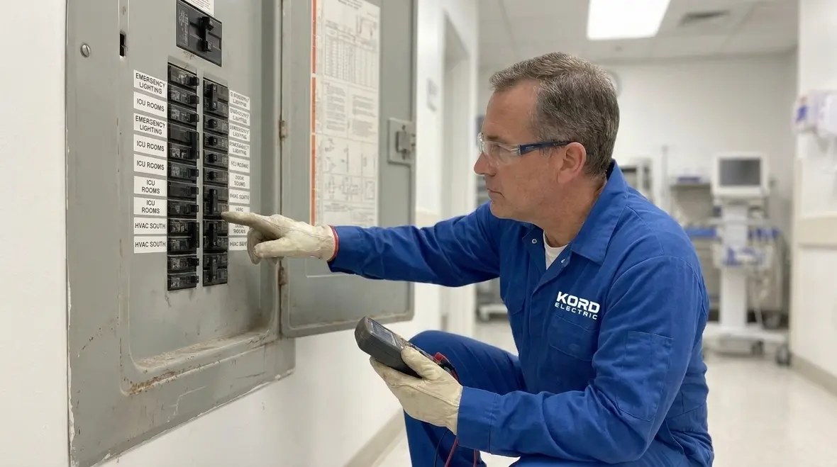 Hospital electrical panel with clear compliant labeling